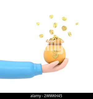 Businessman hand holding green money bag with golden coins. Concept of attraction coins. Financial metaphor, revealing the concept of cashback and mak Stock Photo