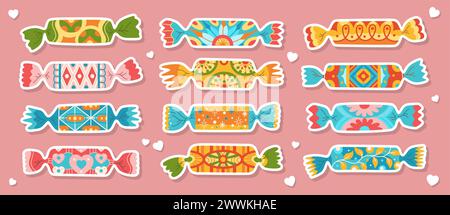 Wrapped candy sticker with ornament. Caramel bonbon lollipop chocolate, cartoon doodle sweets snack set label. Tasty sugar dessert food childish party celebration. Wrapped candy vector illustration Stock Vector