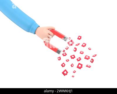 Human hand holding magnet with pin hearts. Concept of concept of attracting an audience. SMM metaphor, revealing the concept of followers.3D rendering Stock Photo