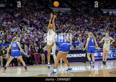 Baton Rouge, LA, USA. 24th Mar, 2024. LSU's Angel Reese (10) puts up a shot during second round action of the NCAA Women's March Madness Tournament between the Middle Tennessee Blue Raiders and the LSU Tigers at the Pete Maravich Assembly Center in Baton Rouge, LA. Jonathan Mailhes/CSM/Alamy Live News Stock Photo
