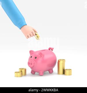 Flat 3d isometric businessman hand putting dollar coin into piggy bank. Financial and money saving concept.3D rendering on white background. Stock Photo