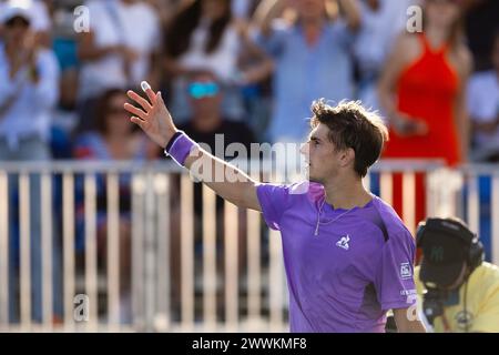 MIAMI GARDENS, FLORIDA - MARCH 24: Matteo Arnaldi of Italy celebrates defeating Denis Shapovalov of Canada during their match on Day 9 of the Miami Open at Hard Rock Stadium on March 24, 2024 in Miami Gardens, Florida. (Photo by Mauricio Paiz) Credit: Mauricio Paiz/Alamy Live News Stock Photo