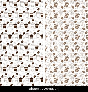 Outline drawn disposable cups and coffee beans in trendy monochrome brown Seamless pattern Set of 2 Abstract backdrop texture in minimalistic style. Isolate. EPS. Vector for wrapping, wallpaper or web Stock Vector