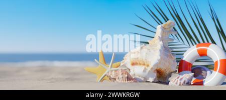 Background with blue sky and sea shells on the sand. 3d rendering Stock Photo