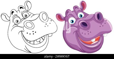 Black and white and colored cartoon hippopotamus illustrations Stock Vector