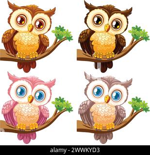 Four cute owls with big eyes on tree branches Stock Vector