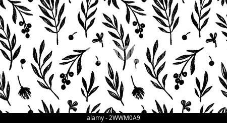 Floral leaf seamless black pattern vector background. Hand drawn crayon abstract texture paint tree leaf seamless brush pattern. Black, white texture leaves floral print. Vector Stock Vector