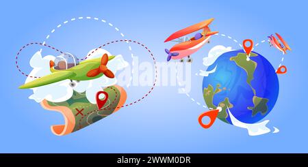 Travel around world set - cute kid plane flying over globe and paper map with route line and pins for destination on blue background with clouds. Cartoon vector set of worldwide trip and trip. Stock Vector