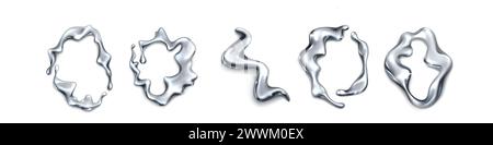 Abstract fluid 3d metal shape for y2k design. Realistic vector illustration set of chrome liquid blobs and drops. Wave and circle silver element. Trendy mercury droplet and splash flow decoration. Stock Vector
