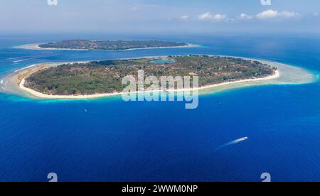 Aerial view of the islands of Gili Meno and Trawangan between Lombok and Bali in Indonesia Stock Photo