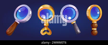 Zoom with magnify glass and search lens icon set. Game lupa to find or focus element. Discover and monitoring information or analyze seo equipment. Scientific detective seek and spy tool design Stock Vector