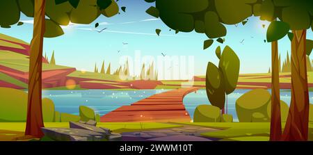Wooden bridge over river or lake with green grass and trees on banks, hills with ground and rock cliffs on sunny summer day. Cartoon vector natural landscape with footbridge over pond or stream. Stock Vector