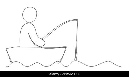 Fishing One line drawing isolated on white background Stock Vector