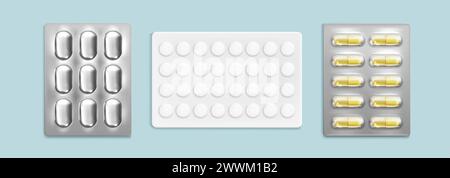 Pill blister with medicines. Realistic 3d vector mockup set of foil transparent and white package with tablets and capsules. Plastic pharmaceutical storage box with drugs. Medication container. Stock Vector