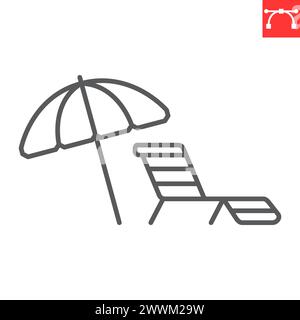 Umbrella and sun lounger line icon, summer and vacation, parasol and sunbed vector icon, vector graphics, editable stroke outline sign, eps 10. Stock Vector