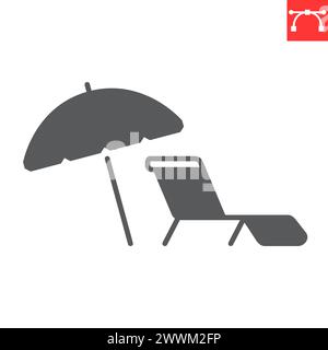 Umbrella and sun lounger glyph icon, summer and vacation, parasol and sunbed vector icon, vector graphics, editable stroke solid sign, eps 10. Stock Vector