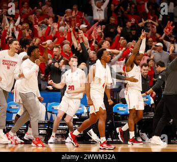 Memphis, Tennessee, USA. 24th Mar, 2024. The Houston bench and fans react to the final buzzer in the NCAA Men's Basketball Tournament second-round game between the Houston Cougars and the Texas A&M Aggies on March 24, 2024. Houston won, 100-95, in overtime. (Credit Image: © Scott Coleman/ZUMA Press Wire) EDITORIAL USAGE ONLY! Not for Commercial USAGE! Stock Photo