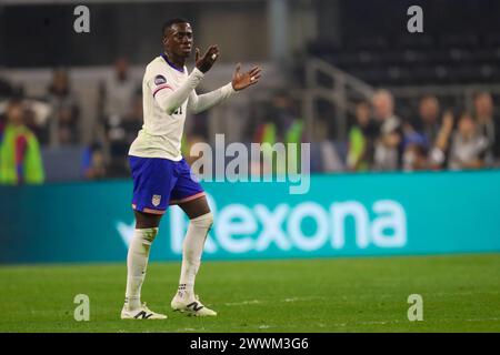 Arlington, Texas, USA. 24th Mar, 2024. USA's TIM WEAH (21) reacts to a call against him during their Concacaf Nations League Finals match against Mexico on Sunday at AT&T Stadium in Arlington, Texas. (Credit Image: © Brian McLean/ZUMA Press Wire) EDITORIAL USAGE ONLY! Not for Commercial USAGE! Credit: ZUMA Press, Inc./Alamy Live News Stock Photo