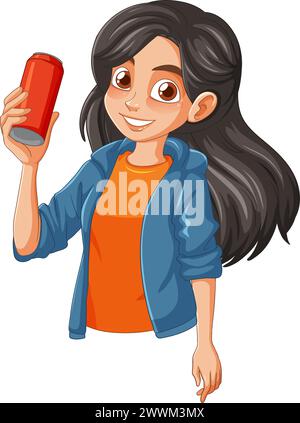 Cheerful young girl with a beverage can smiling Stock Vector
