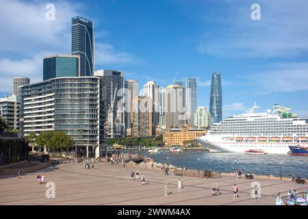 Circular Quay and city from steps of Sydney Opera House, Bennelong Point, Sydney Harbour, Sydney, New South Wales, Australia Stock Photo