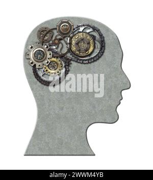 Steampunk style metal human's head and brain made of gear. Metallic man profile and vintage gears. Power Of Mind, psychology, mental health concept. I Stock Photo