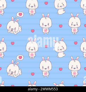 Seamless pattern with funny white bunny on blue background with hearts. Cute kawaii animal character. Vector illustration. Kids collection. Stock Vector