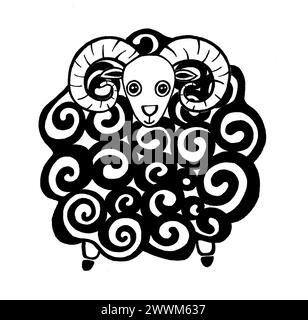 Illustration of a ram isolated on a white background. Stylization. Head and paws black contour drawing. The body has a texture of black spirals, wool. The animal looks in front. Printmaking style. Stock Photo