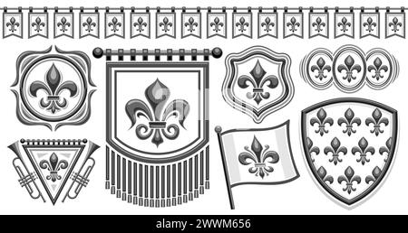 Vector Fleur de Lis set, horizontal banner with collection of isolated illustrations of diverse black and white fleur de lis flourishes, seamless garl Stock Vector