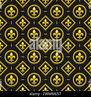 Vector Fleur de Lis Seamless Pattern, repeating background with illustrations of lattice pattern and gold fleur de lis in round and rhomb cells, squar Stock Vector
