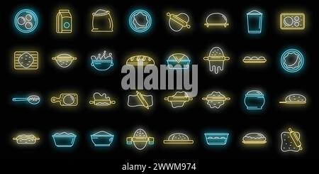 Dough icons set outline vector. Pizza bake. Bakery cooking neon color on black Stock Vector