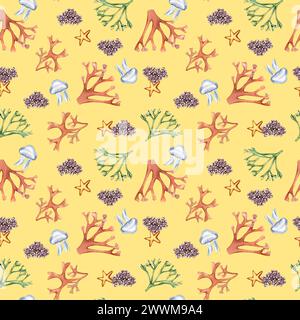 Watercolor seamless pattern of sea plants and starfish isolated on yellow. Seaweeds and coral hand drawn. Painted colorful algae print. Design element Stock Photo