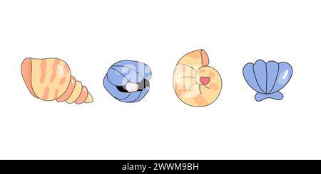 Marine concept, set of seashells , t shirt print, children's poster, on white background. Underwater world with seaweed. vector Stock Vector