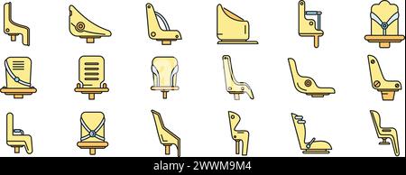 Child seat bike icons set outline vector. Adult bicycle. Biking activity thin line color flat isolated Stock Vector