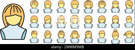 Wig icons set outline vector. Woman hair. Girl style thin line color flat isolated Stock Vector