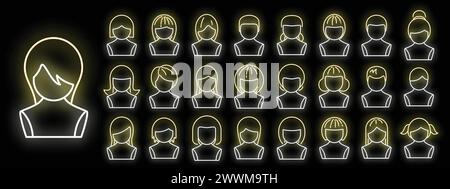 Wig icons set outline vector. Woman hair. Girl style neon color on black Stock Vector