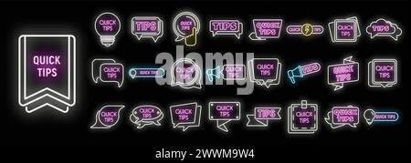 Tips icons set outline vector. Help information. Quick advice neon color on black Stock Vector