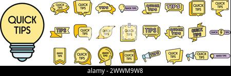 Tips icons set outline vector. Help information. Quick advice thin line color flat isolated Stock Vector