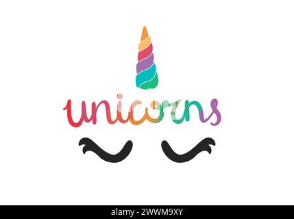 Unicorns text and unicorn illustration. Fairytale horse character. Flat vector print, magical kingdom Stock Vector