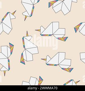 Geometric polygonal paper origami unicorn seamless pattern. Magic, fairy tale kids background Stock Vector