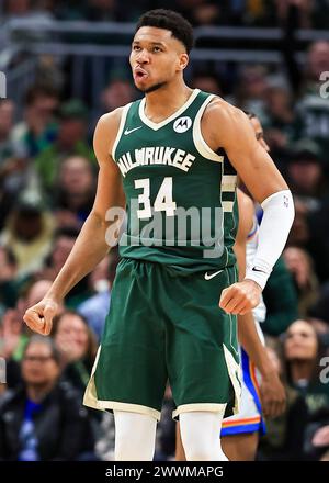 Milwaukee, USA. 24th Mar, 2024. Milwaukee Bucks' Giannis Antetokounmpo reacts during NBA regular season game between Oklahoma City Thunder and Milwaukee Bucks in Milwaukee, the United States, on March 24, 2024. Credit: Joel Lerner/Xinhua/Alamy Live News Stock Photo