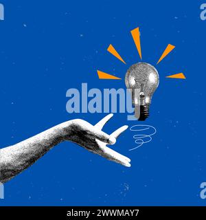 Contemporary art collage. Vector illustration. Black and white drawn hand gently pointing to monochrome light bulb. Generate ideas. Stock Vector