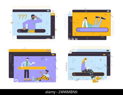 Searching information online 2D linear illustration concept set Stock Vector