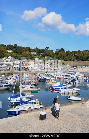 Elevated view towards Lyme Regis harbour and Cob, Devon, England, UK ...