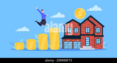 Mortgage saving money to buy a house flat style design business concept. Real estate property or mortgage loan investment. Businessman climbs money co Stock Vector