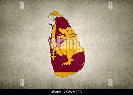 Grunge map of Sri Lanka with its flag printed within its border on an old paper. Stock Photo
