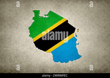 Grunge map of Tanzania with its flag printed within its border on an old paper. Stock Photo