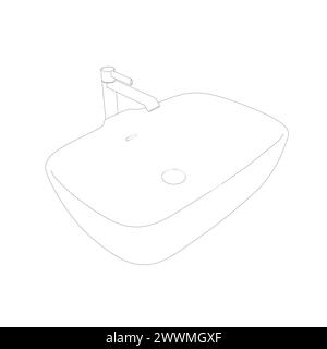 Bathroom sink with tap line drawing on white isolated background. Vector illustration. Stock Vector