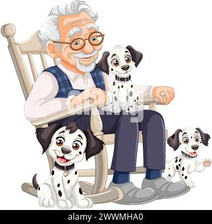 Elderly man relaxing with three cute Dalmatian dogs Stock Vector