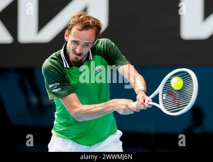 Daniil Medvedev (RUS) in action at the Australian Open 2024 at Melbourne Park, Melbourne, Victoria, Australia. Stock Photo