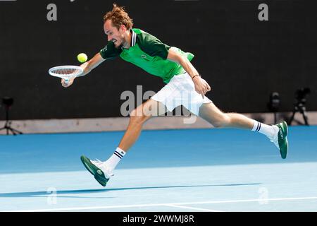 Daniil Medvedev (RUS) in action at the Australian Open 2024 at Melbourne Park, Melbourne, Victoria, Australia. Stock Photo